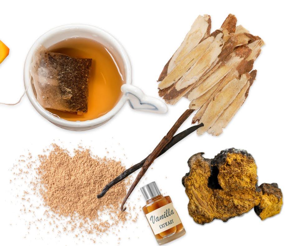 A cup of tea with a tea bag, dried plant roots, vanilla beans, a small bottle labeled "Vanilla Extract," a pile of powder, Vegan Chia Crackers, and a piece of dark, textured fungus are arranged on a white background.