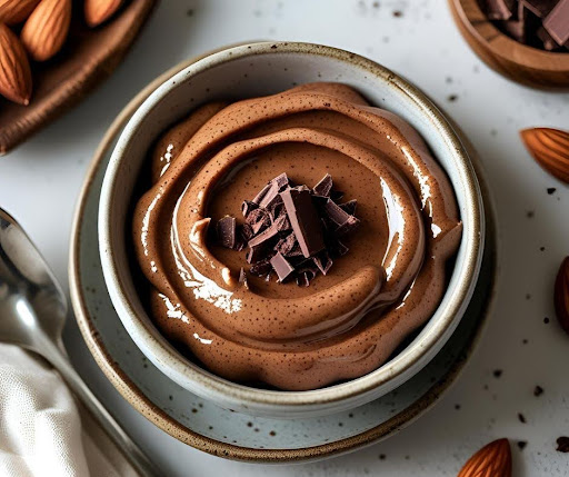 A bowl of creamy chocolate mousse topped with dark chocolate shavings, surrounded by whole almonds on a white surface. A spoon and a napkin are nearby.