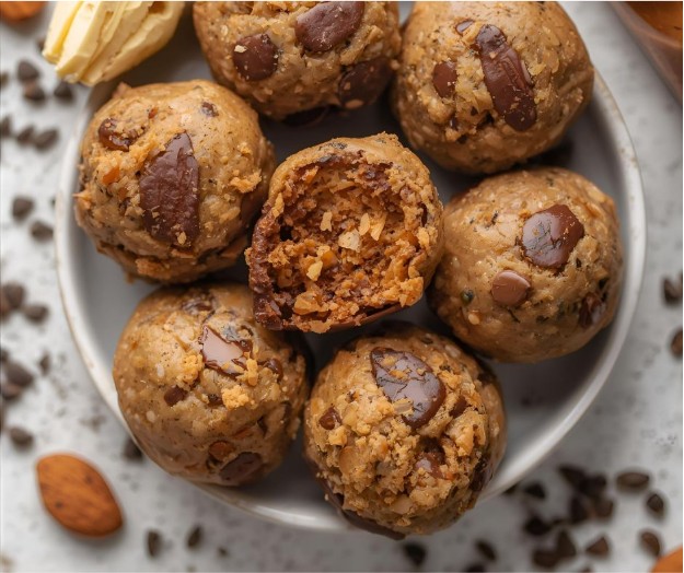 A plate filled with round chocolate chip cookie dough bites, one with a bite taken out revealing a chewy center. Scattered chocolate chips, almonds, and cookie crumbs are visible on the table.