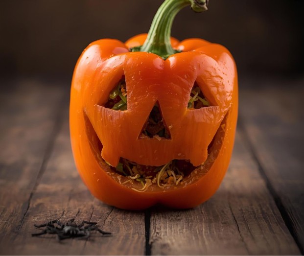 An orange bell pepper carved like a jack-o’-lantern is filled with food, sitting on a wooden surface. A small black plastic spider lies nearby.