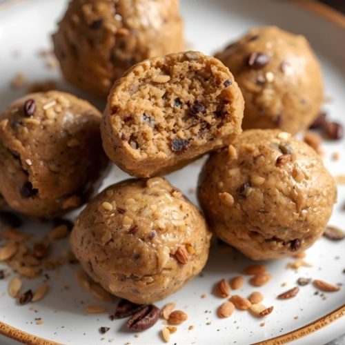 Five round energy balls with visible seeds and chocolate chips are arranged on a plate. One ball is bitten to show its soft, textured interior. Loose seeds and chocolate chips are scattered around them.