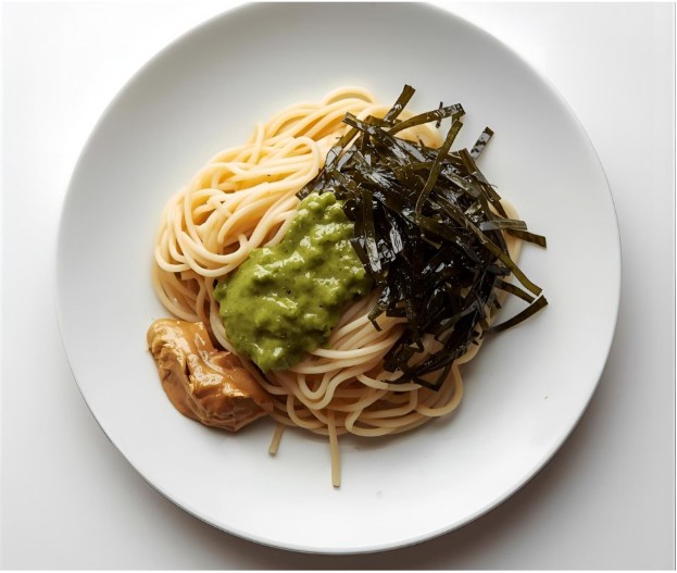 A plate of spaghetti topped with green sauce, shredded seaweed, and a dollop of brown paste, presented on a plain white plate against a white background.