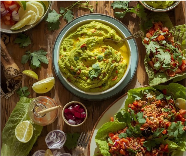 A bowl of creamy guacamole garnished with herbs sits on a wooden table, surrounded by lemon wedges, sliced onions, chopped vegetables, and lettuce wraps filled with fresh salsa and greens. Sunlight brightens the vibrant colors.