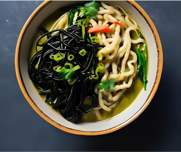 A bowl of ramen with black and white noodles, garnished with chopped green onions, cilantro, and red chili slices, set against a dark background.