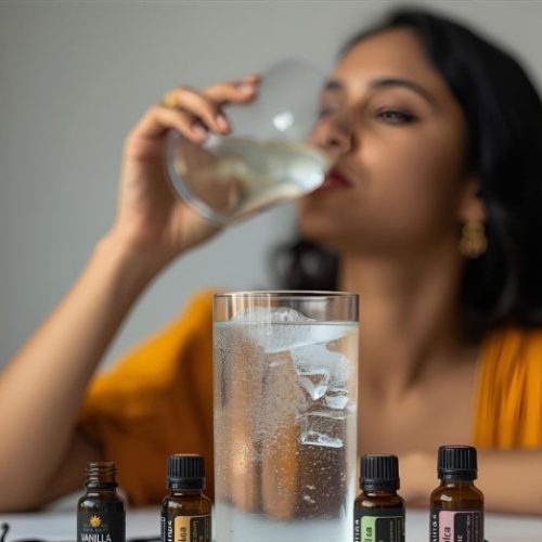 A woman in a yellow top drinks water from a glass. In the foreground, another glass filled with ice water is in focus, along with small bottles of liquid flavor extracts.