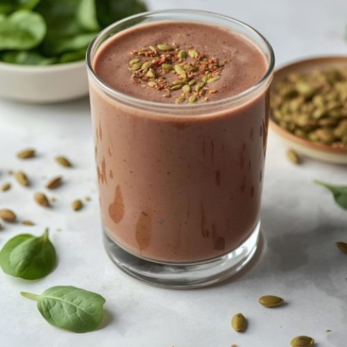 A glass of chocolate smoothie topped with seeds, surrounded by scattered spinach leaves and bowls of fresh spinach and pumpkin seeds on a white surface.