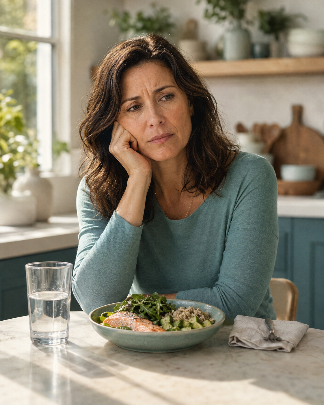 A woman sits at a kitchen table, looking thoughtful and slightly sad, resting her head on her hand. In front of her are a plate of food and a glass of water, as she contemplates the role of health and metabolism in her daily life.