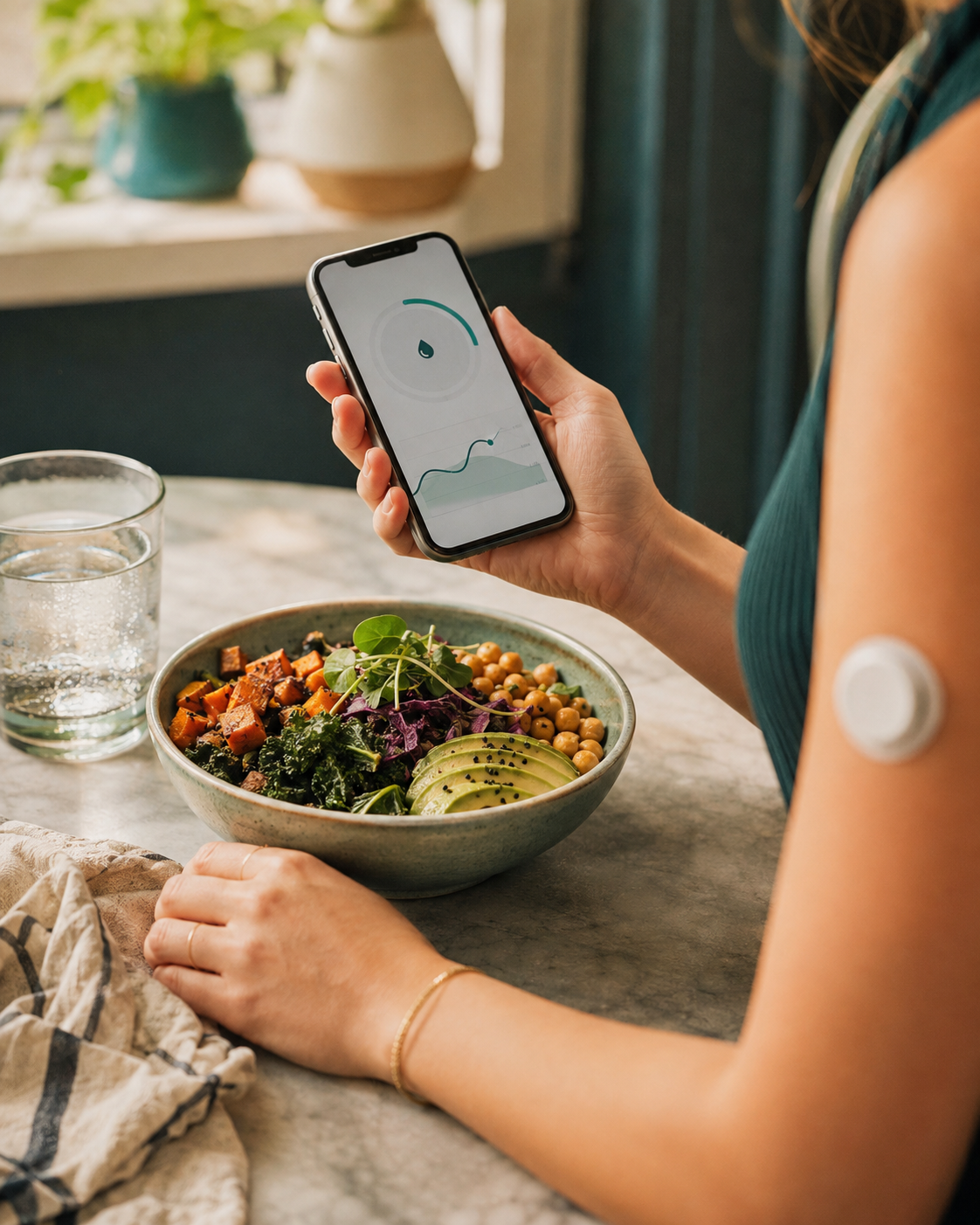 A person mastering their metabolism with a glucose monitor on their arm checks health data on a smartphone while sitting at a table with a healthy salad and a glass of water, embracing Metabolic Mastery for effective weight loss.